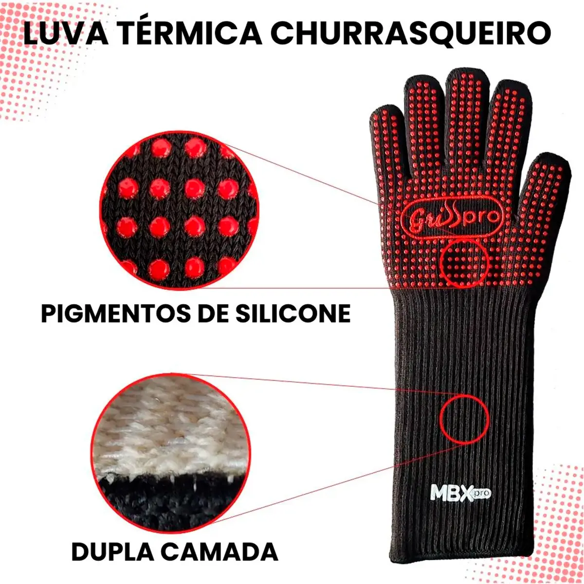 Luva Térmica Alta Temperatura GrillPro Até 350º MBXpro Punho Longo CA 48707