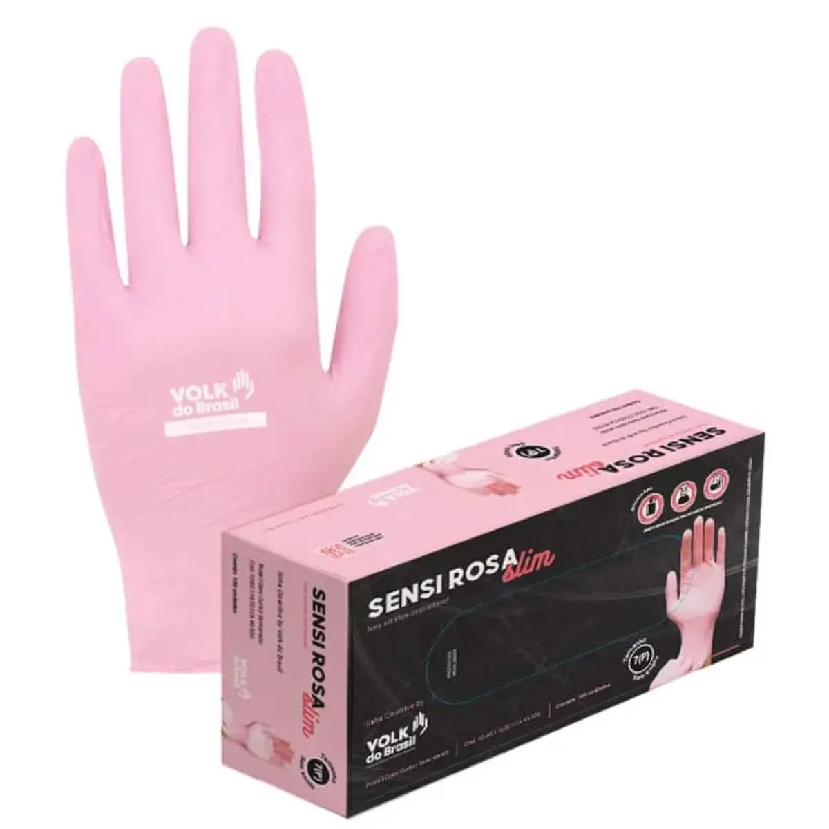 Luva Nitrílica Descartável Sensi Rosa Slim Caixa com 100 Volk