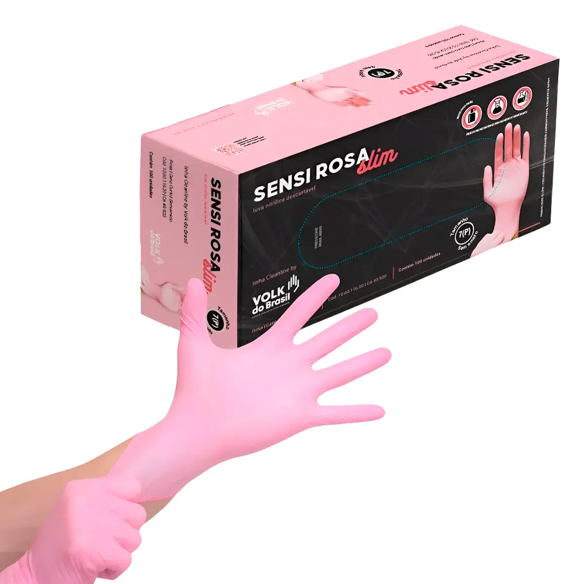 Luva Nitrílica Descartável Sensi Rosa Slim Caixa com 100 Volk