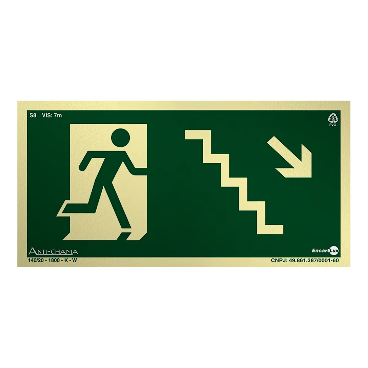Placa Fotoluminescente S8 Escada de Emergência à Direita Baixo com Pictograma - Encartale