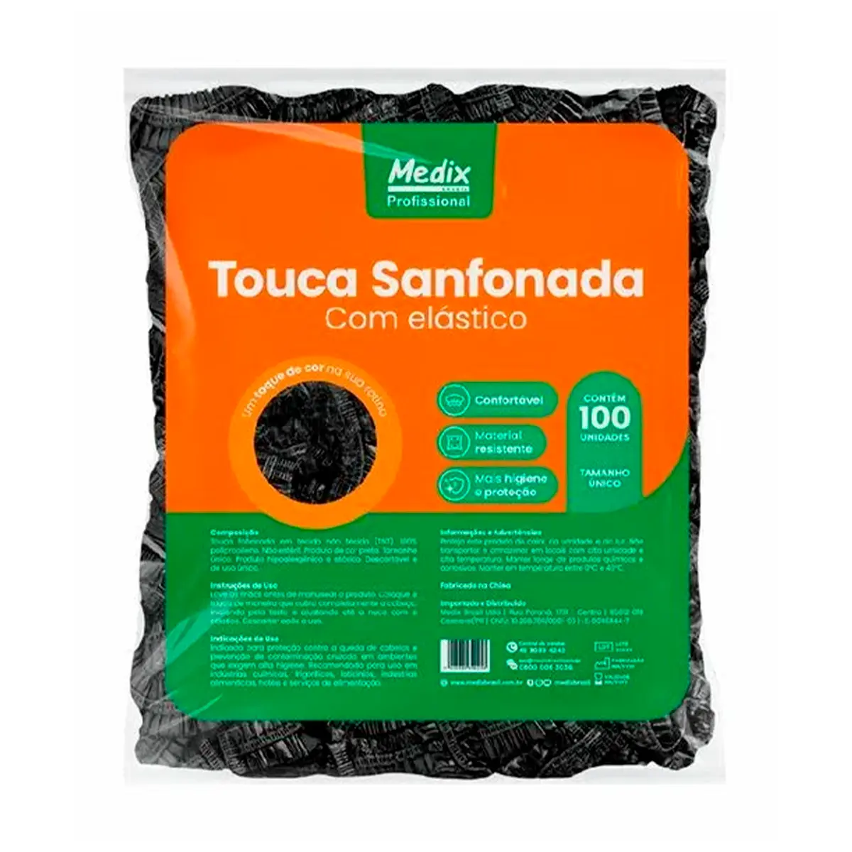Touca TNT Sanfonada Preta para Cabelo Medix - Pacote com 100 unidades