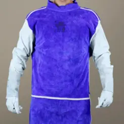 Avental de raspa ignifugado azul, sem forro, mangas de raspa ignifugada