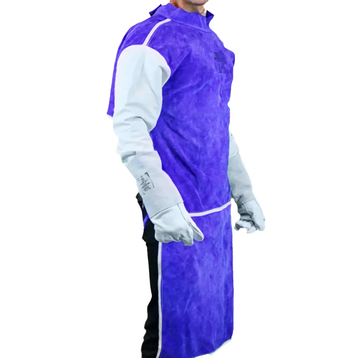 Avental de raspa ignifugado azul, sem forro, mangas de raspa ignifugada