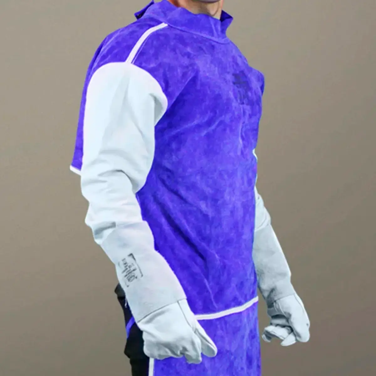 Avental de raspa ignifugado azul, sem forro, mangas de raspa ignifugada