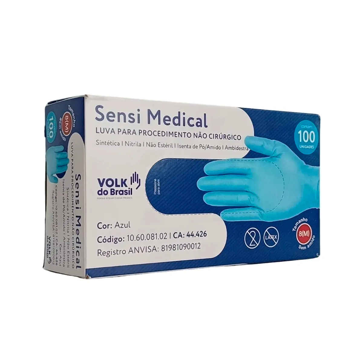 Luva Nitrílica sem Pó Descartável Sensivolk Medical Azul Volk