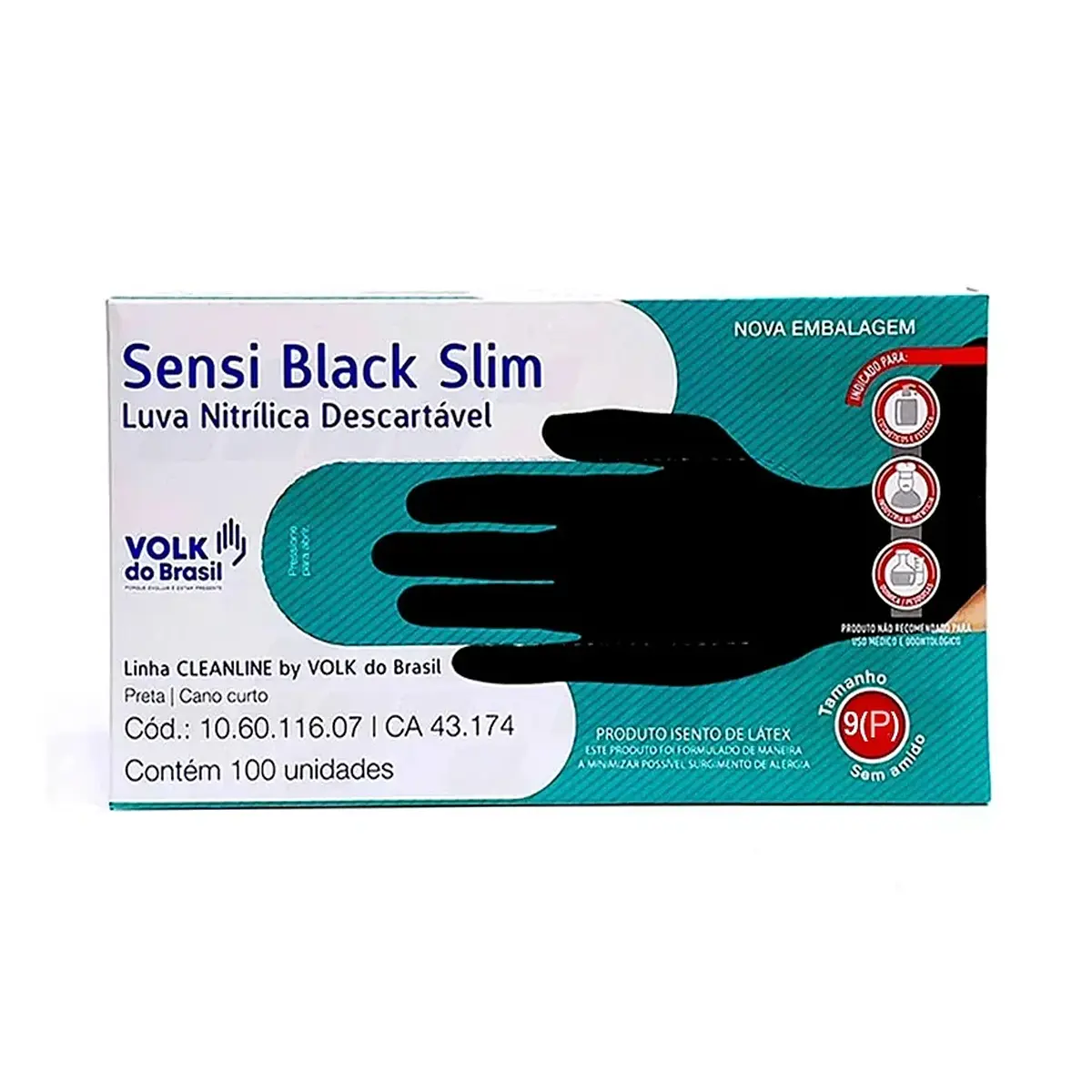 Luva Nitrílica Descartável Sensi Black Volk Slim - com 100 Unidades
